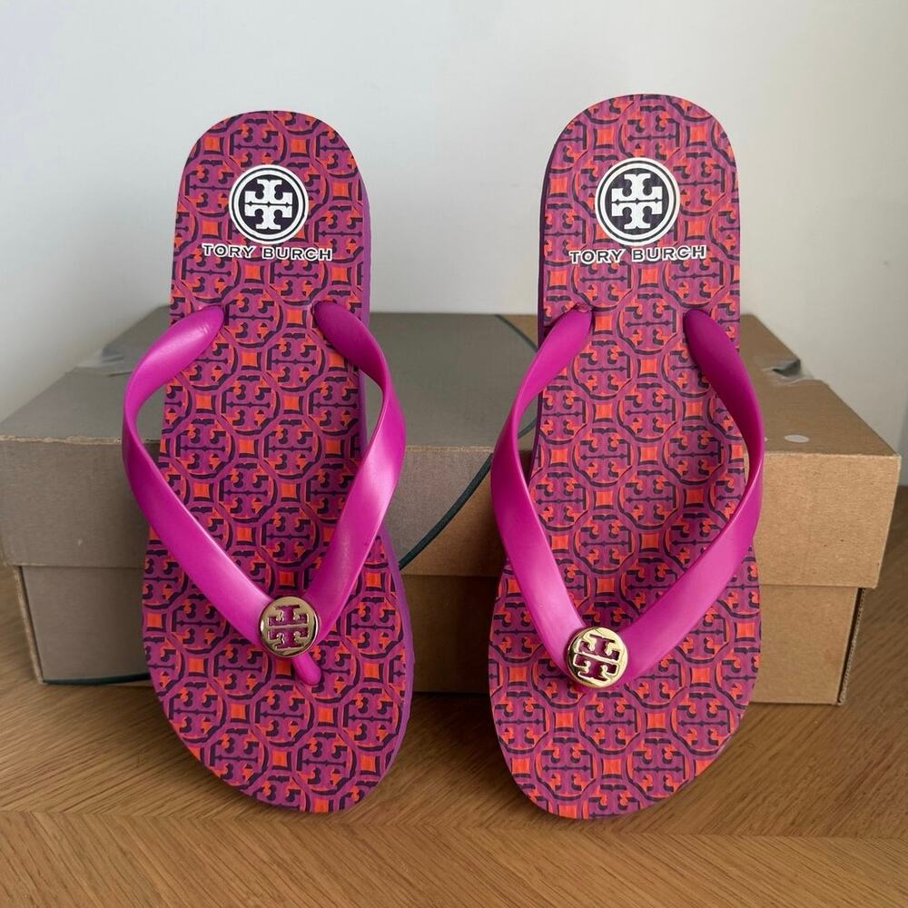 Tory Burch Thandie Pink Logo Women Flip Flop Slides- SZ 6